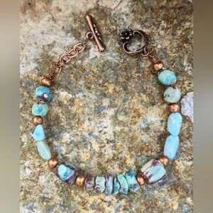 Rustic Blue Patina Verdigris Clay & Larimar In Handcrafted Copper Bracelet
